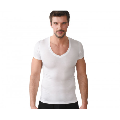Tričko pod košili pánské SAPREZA bílé hluboký výstřih